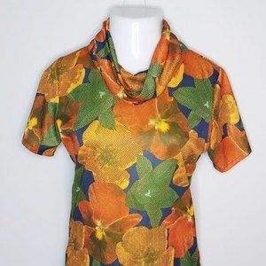 Vintage Orange Floral Cowl Neck Short Sleeve Top